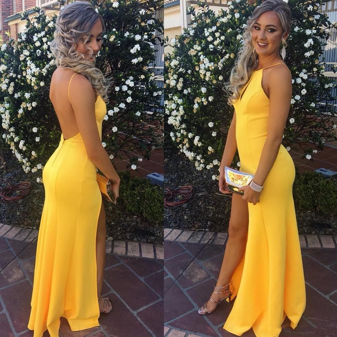Compra 2020 Sirena Elegante Amarillo Vestidos De Baile Sexy Sin Espalda  Halter Cuello Largo Lateral Abierto Vestidos De Noche Caliente Vestidos De  Fiesta Barato | Entrega Rápida Y Calidad | Es.Dhgate