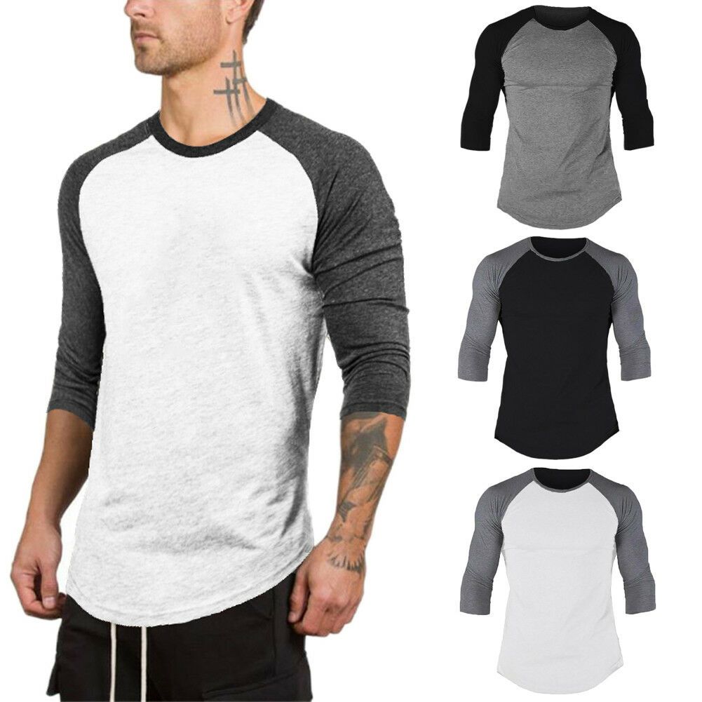 Mens 3/4 Sleeve Baseball Raglan Tee Jersey T Shirts Crew Neck Plain ...