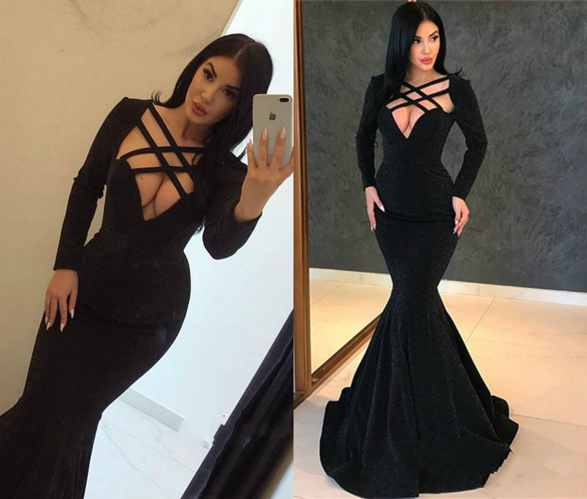 Black Mermaid Evening Dresses V Neck Floor Length Satin Slim Fit Long Sleeve Prom Dress Custom Made Cheap Formal Party Gowns Lace Evening Dresses