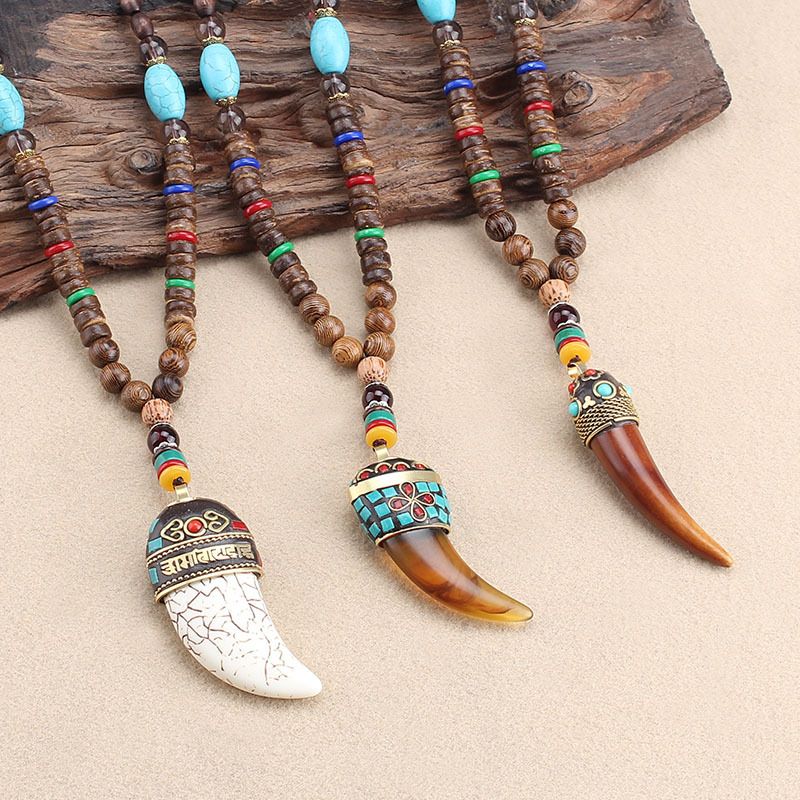 Retro Wood Beads Necklaces Stone Pendant Long Sweater Necklace Women Jewelry Dl