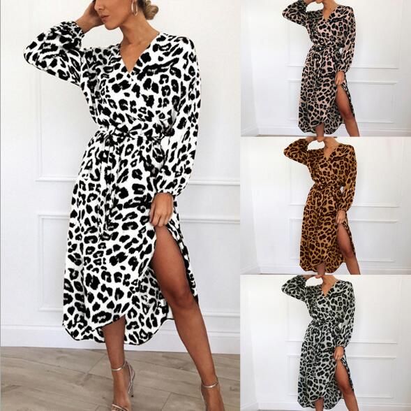 Vestido Mujer Cuello O Estampado Leopardo Cintura Manga Larg Vestido Mujer Cuello O Estampado Leopardo Cintura Manga Larg