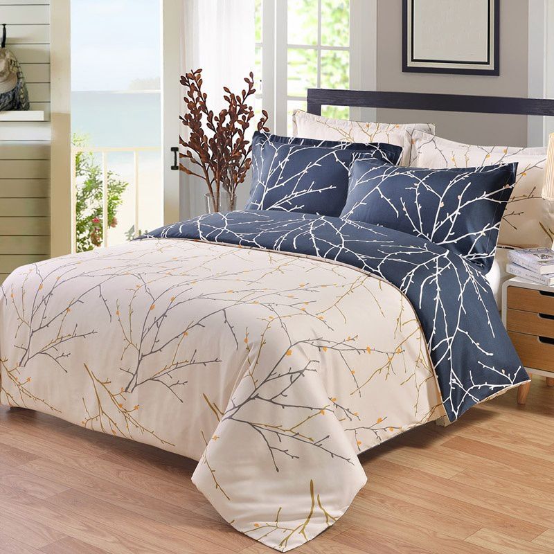 blue and beige striped bedding