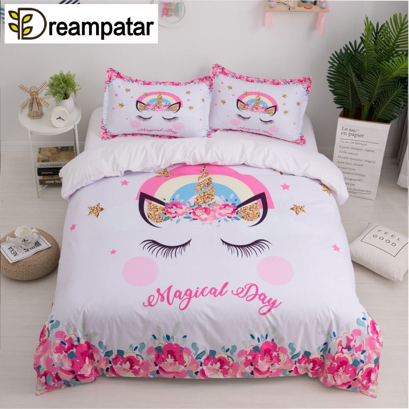 Fashion Unicorn Reactive Print Princess Style Bedroom Bed Set