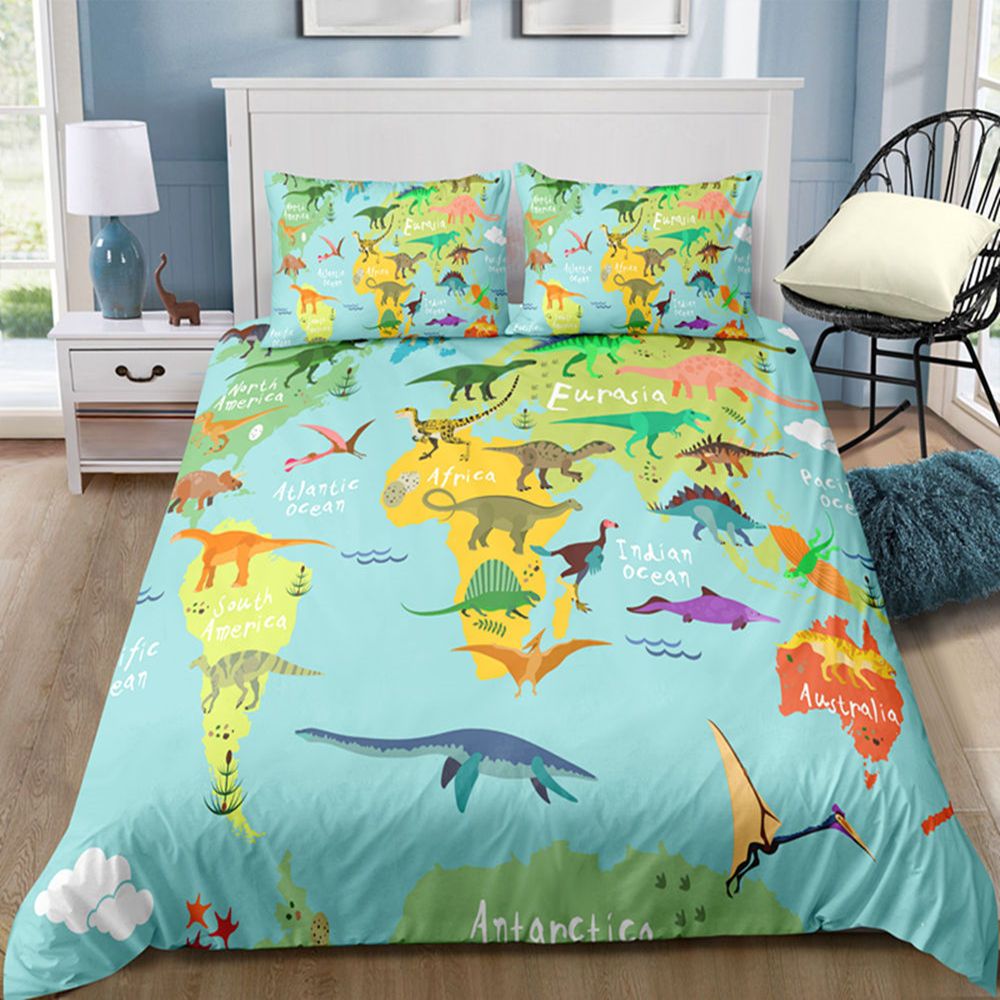 Dinosaur Map Bedding Set For Kids Cute Fashionable Cartoon Duvet