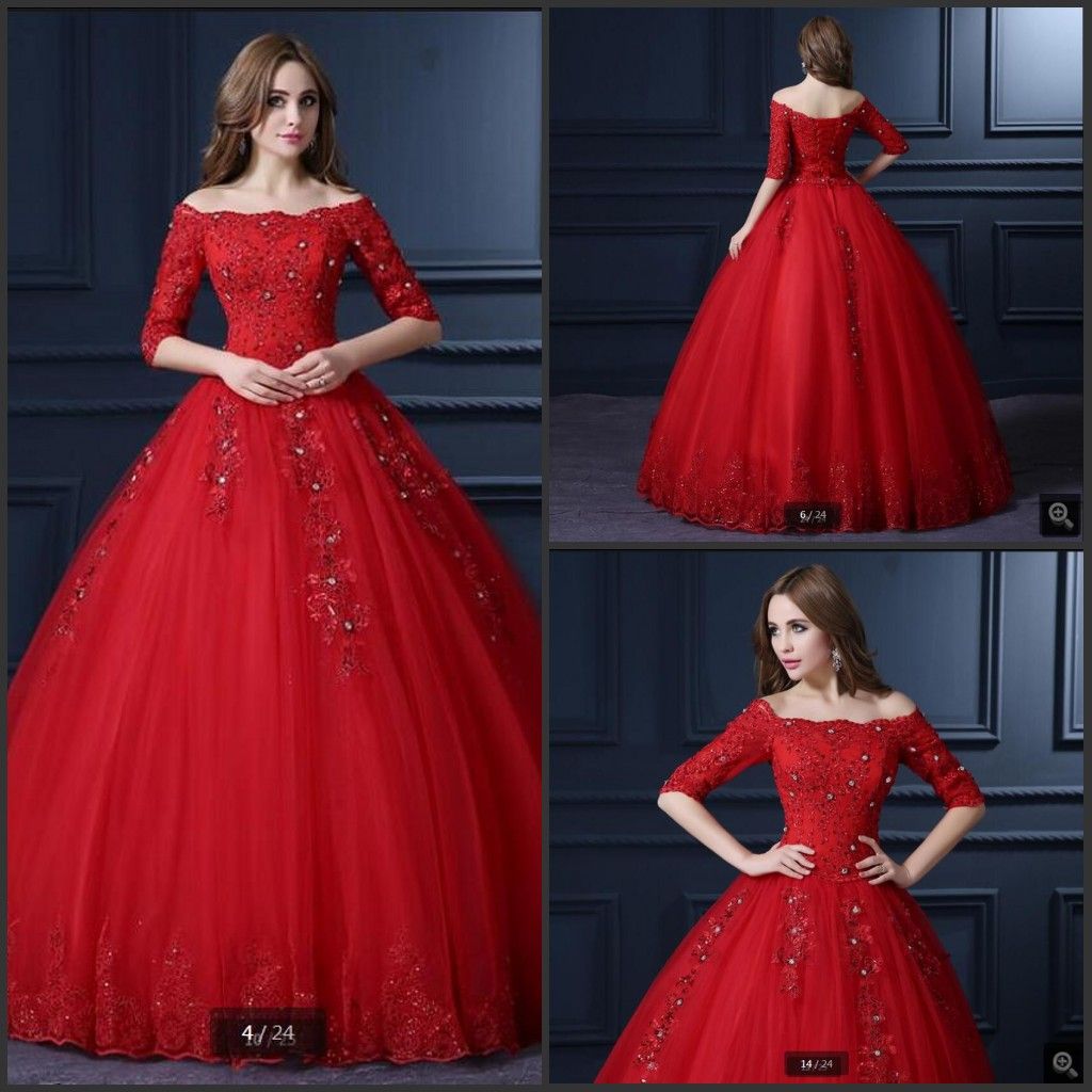 red lace gown with sleeves