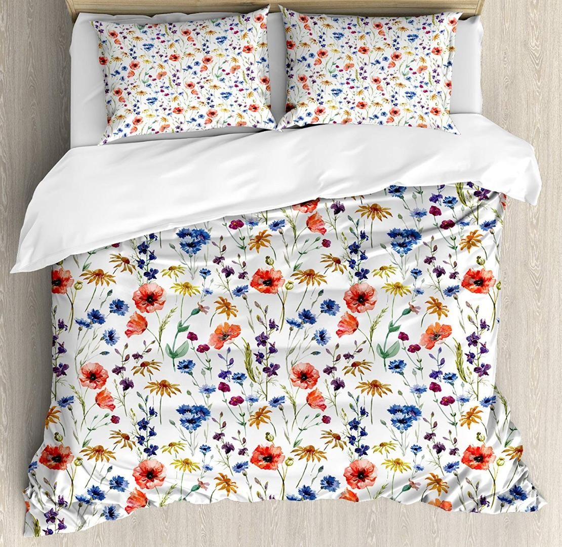 House Decor Duvet Cover Set Queen Size Wildflowers Poppy Chamomile