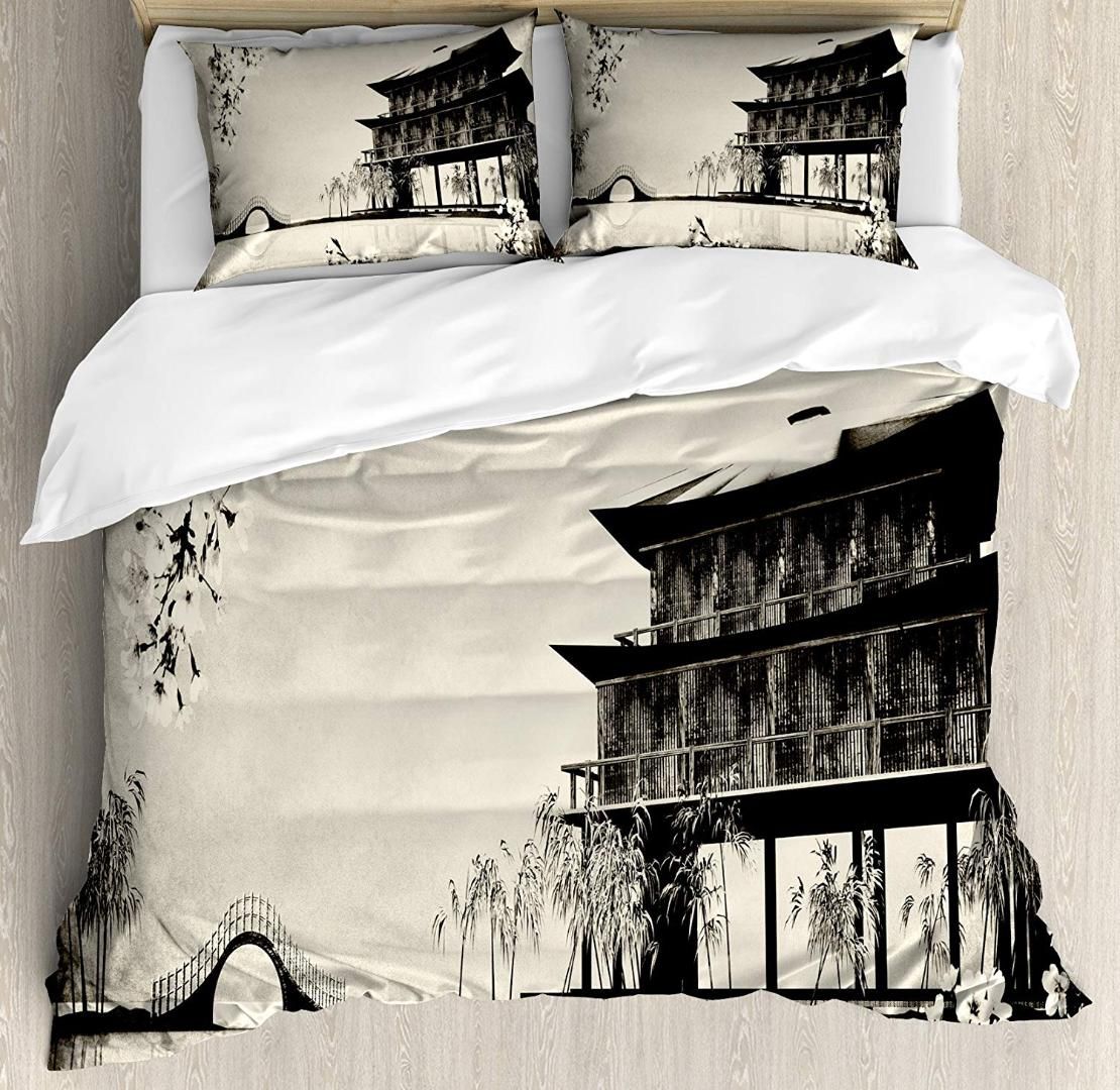 Japanese King Size Duvet Cover Set Ink Painting Style Landscape