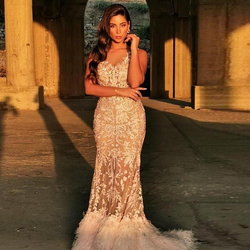 illusion sequin lace feather sleeve mermaid gown