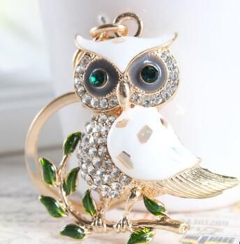 Shiny Handpainted Crystal Rhinestone Perch Owl Bird Branch Clip Hook Keychain