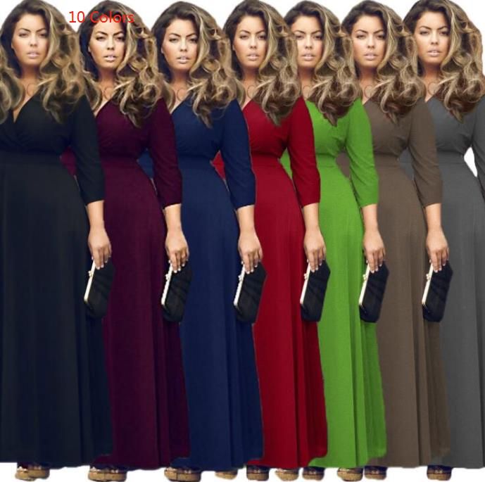 Mujeres gordas Vestidos de fiesta Manga 3/4 Cuello en V Moda sexy 10 colores Poliéster Mujeres gordas Vestidos de fiesta Manga 3/4 Cuello en V Moda sexy 10 colores Poliéster