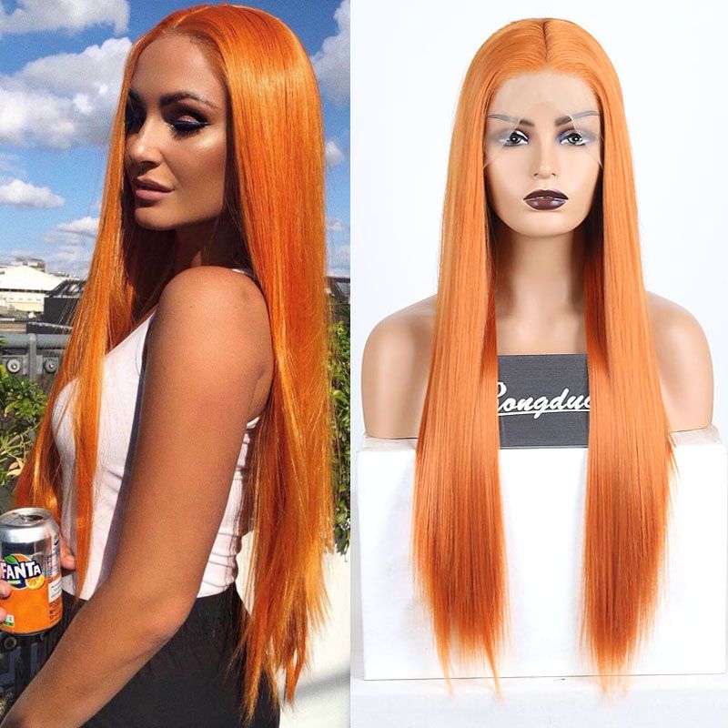 Cheap Synthetic Wigs For Sale Colored Orange Long Silky Straight Hand