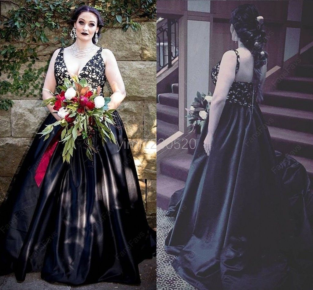 Discount Plus Size Black Gothic Wedding Dresses 2020 Deep V Neck ...