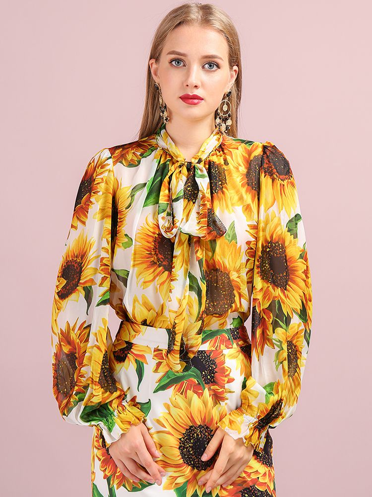 Blusas Mujer Manga Larga Camisas Casuales Florales Girasol Blusas Mujer Manga Larga Camisas Casuales Florales Girasol