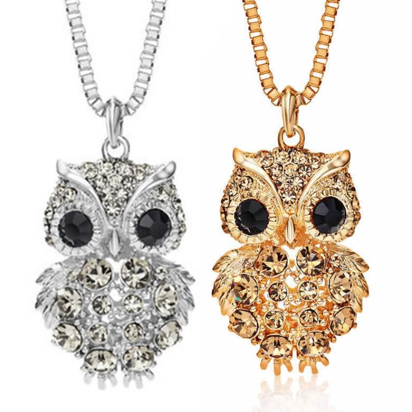 Glass Owl Rhinestone Plated Pendant Necklace Women Long Chain Sweater Jewelry