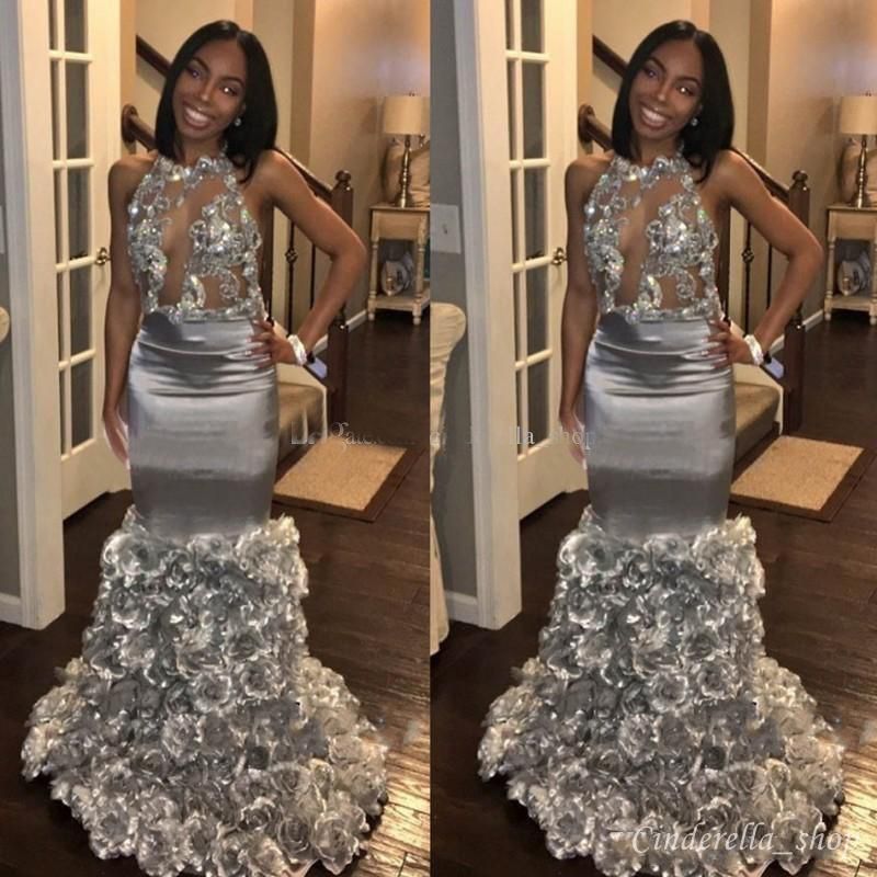 silver halter prom dress