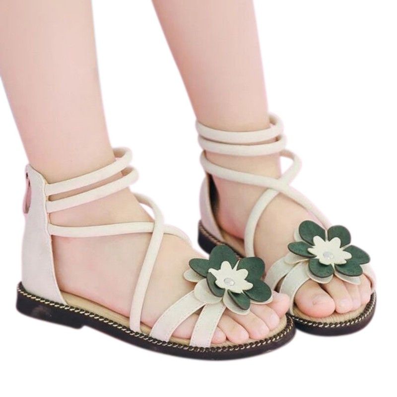 Girls Open Toe Flat Sandals Kids Summer Flower Strap Slip On Beach Outdoor Princess Sandal Shoes