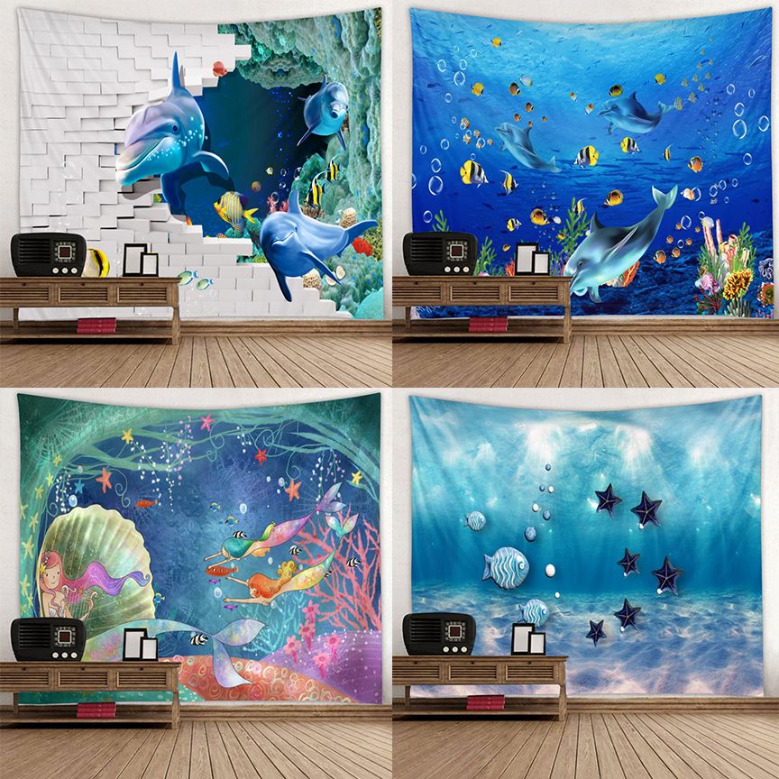 Underwater Mermaid World Starfish And Fish Printed Tapestry Wall Hanging Bed Bedroom Decor Beach Towel Blanket Dorm Decor Pink Towels Swimming Towels