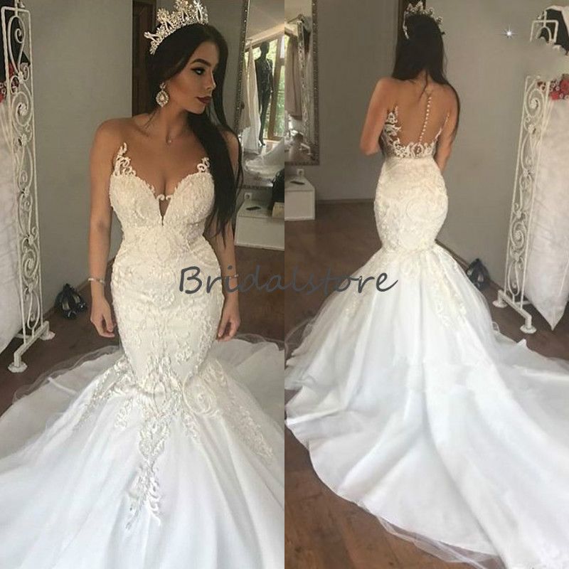 Ivory Sirena forma Vestidos de novia Sheer Sin Botón Atrás Vestidos nupciales 2019 Elegante tren largo Vestido de barato