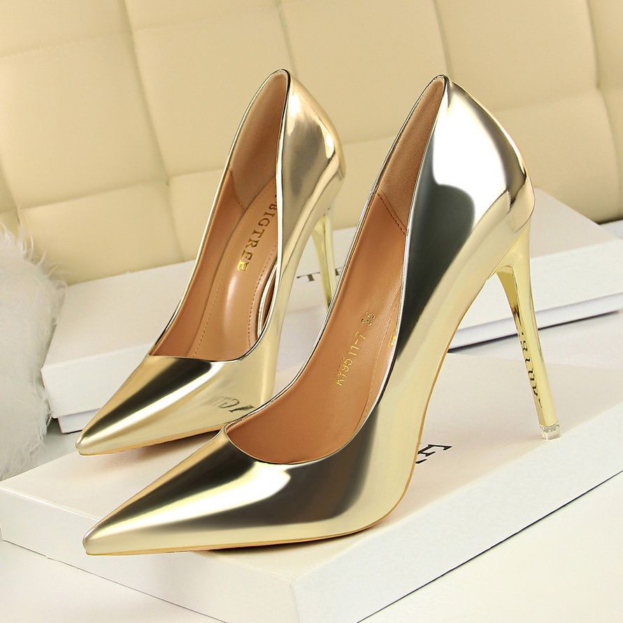 Golden Women Dress Shoes Metal Color High Heel Shoes Slip On Pointed ...