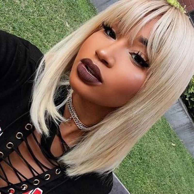Honey Blonde Short Lace Front Wigs Colored With Bangs Glueless Bob
