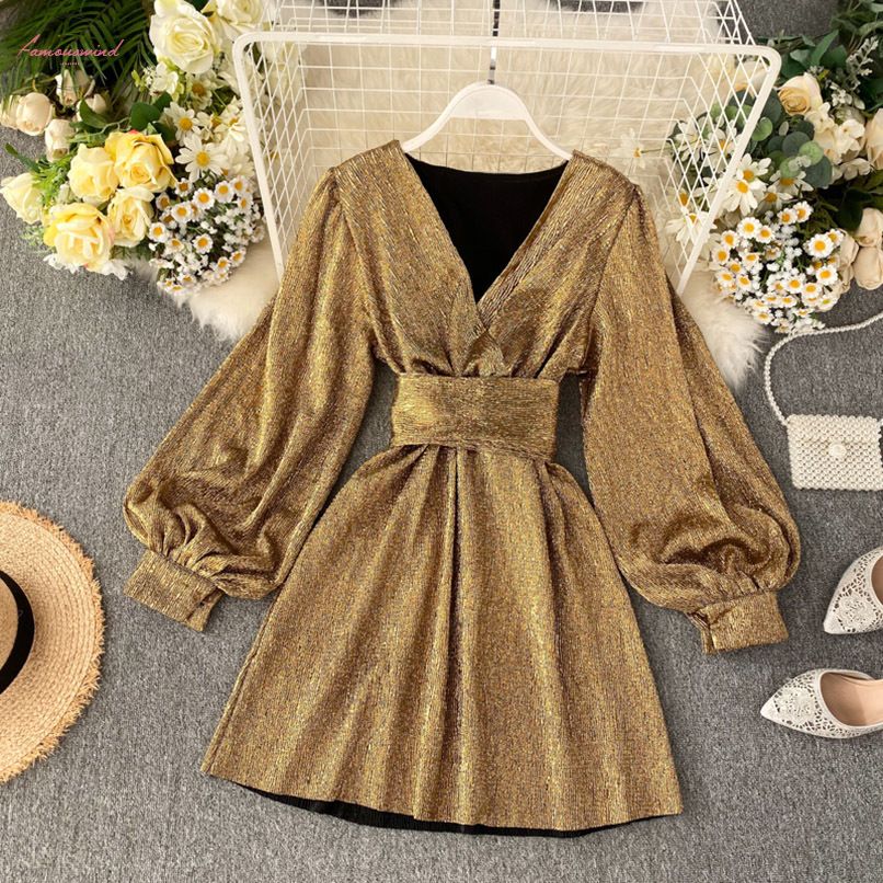Spring Autumn Womens Bright Color Dress New V Neck Lantern Sleeve