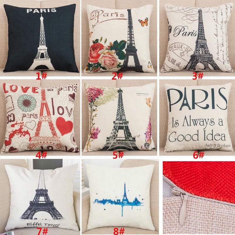 Retro Paris Eiffel Tower Pillow Cover Cotton Linen Home Decor Throw Pillowcase