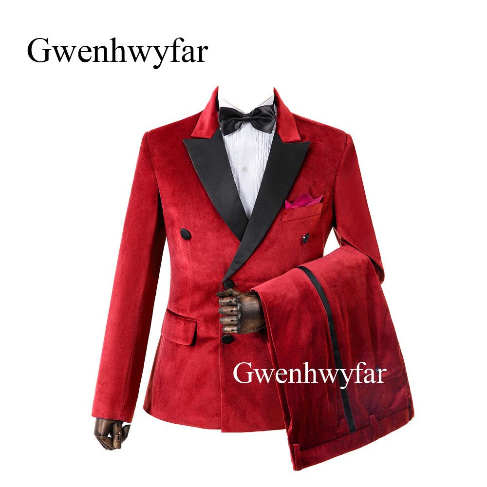 Compra Gwenhwyfar Red Velvet Novio Esmoquin Para La Ropa De La Boda 2  Piezas De Pantalones De La Chaqueta Del Chaleco Negro Peaked Solapa De Los  Juegos Por Encargo De La Fiesta