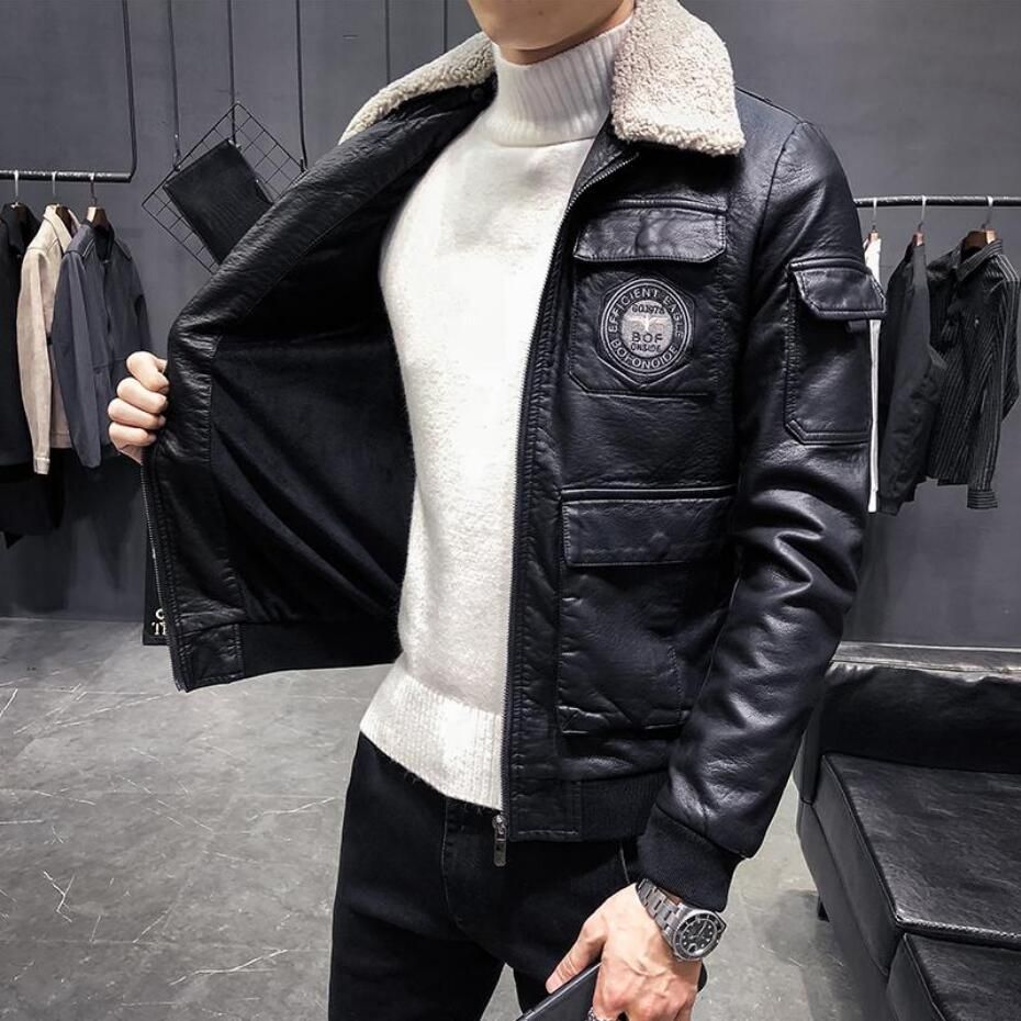 Cuero Negro de invierno chaquetas para hombre de moda Deri Bombardero Chaqueta Cuero