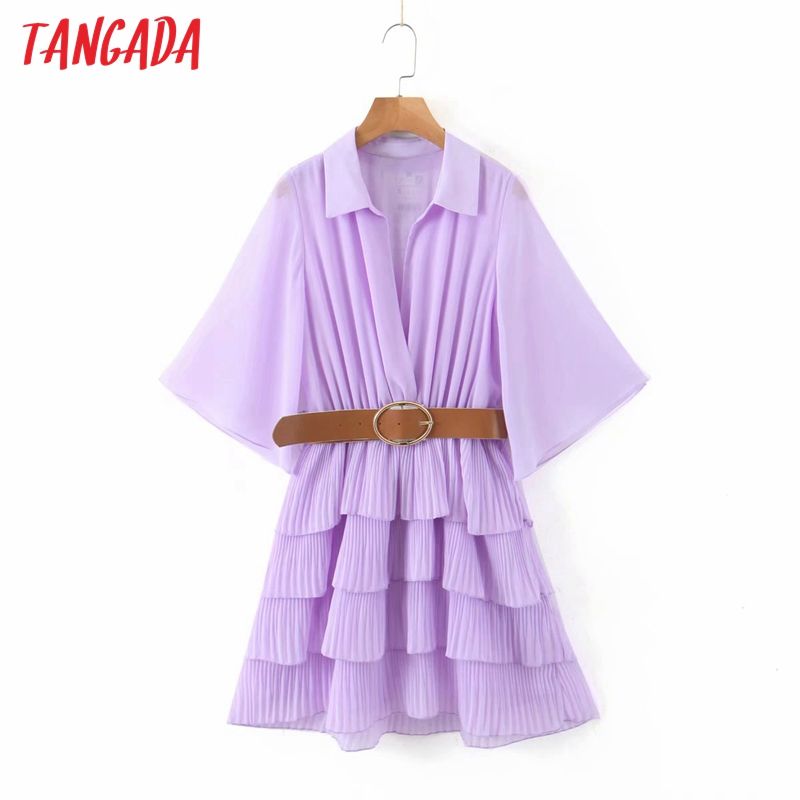 Wholesale Women Summer Purple Cake Dress With Belt Short Sleeve