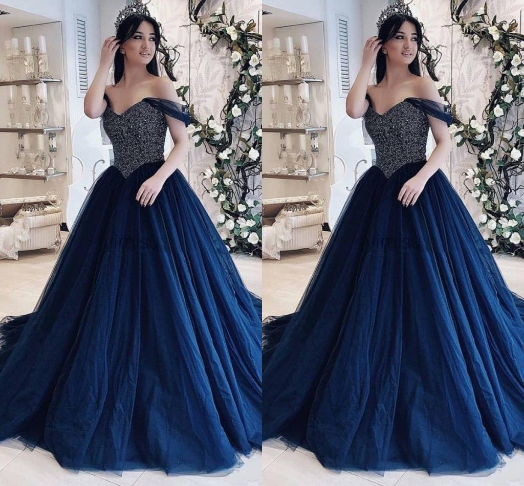 Compra 2022 Azul Marino Pearls Moderno Quinceañera Vestidos De Fiesta Del  Hombro Con Mangas Tulle Seuins Long Party Sweet 15 Vestidos De Vestido  Barato | Entrega Rápida Y Calidad | Es.Dhgate