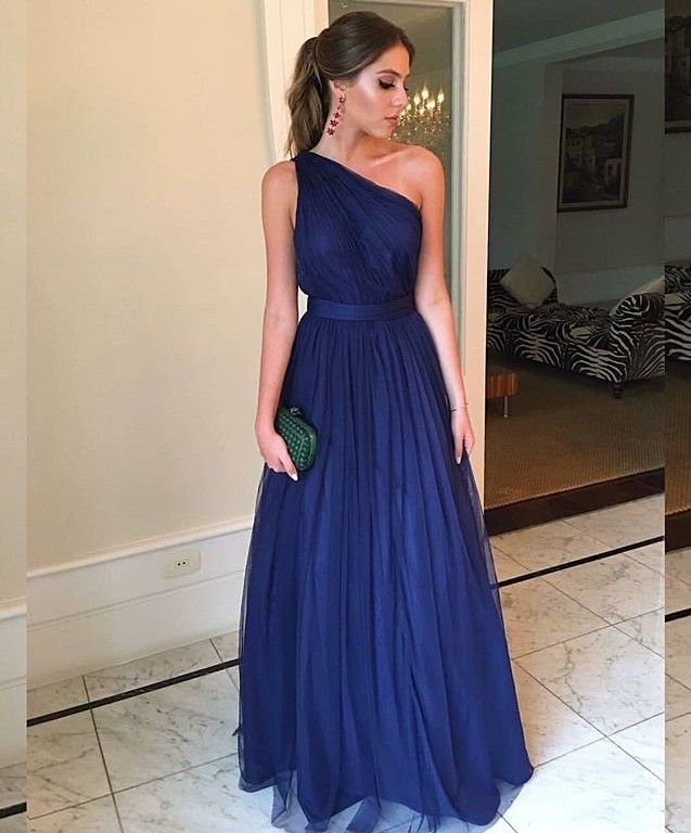 Elegantes formales de noche, 2019 Azul marino, un hombro, vestidos de fiesta, hasta el suelo,