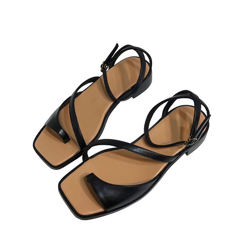 ladies black low heel sandals