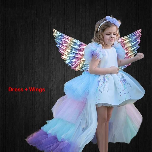 Vestido unicornio muchachas de la Navidad con la cola larga + Alas Hairband fiesta de cumpleaños de la princesa del bebé del vestido de bola para niños tendedero Vestido unicornio muchachas de la Navidad con la cola larga + Alas Hairband fiesta de cumpleaños de la princesa del bebé del vestido de bola para niños tendedero
