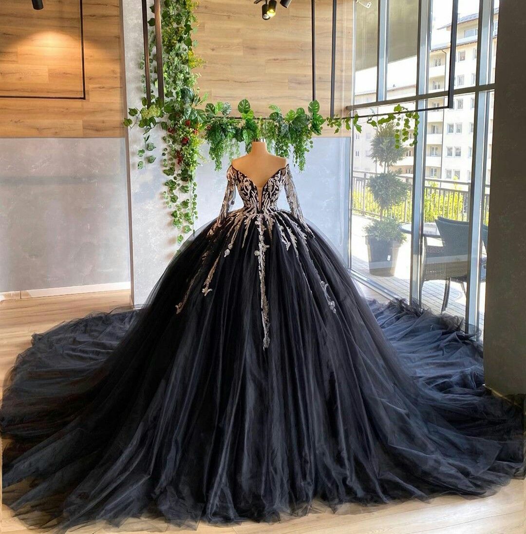 Black Ball Gown Quinceanera Dresses Sexy Off Shoulder Long Sleeve Lace