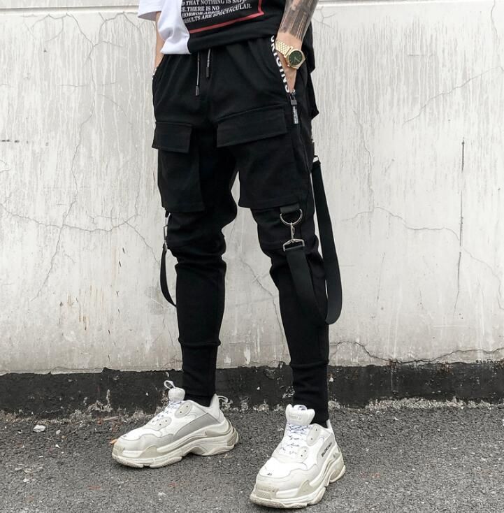 Pantalones Cargo con cintas de Hip Hop para hombre, pantalones para correr,  ropa de calle para hombre pantalones informales a la moda con cintura  elástica para hombre, pantalones de chándal BQ（#Gray） 