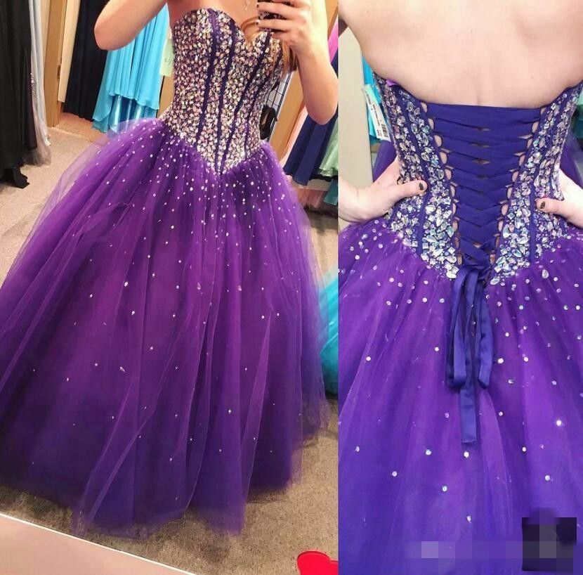 Luxury Beaded Purple Prom Dresses Corset Back Lace Up Sequins Sparkly