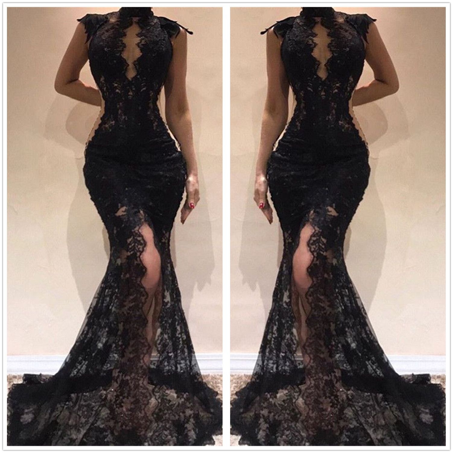black lace floor length formal gown