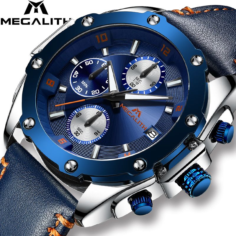 Acquistare Orologi Cronografo Sportivo MEGALITH Uomo Orologio Da Polso Al  Quarzo Analogico Impermeabile Da Uomo Orologio Da Uomo Cinturino In Pelle  Blu Da Uomo Economico | Consegna Veloce E Qualità | DHgate Italy