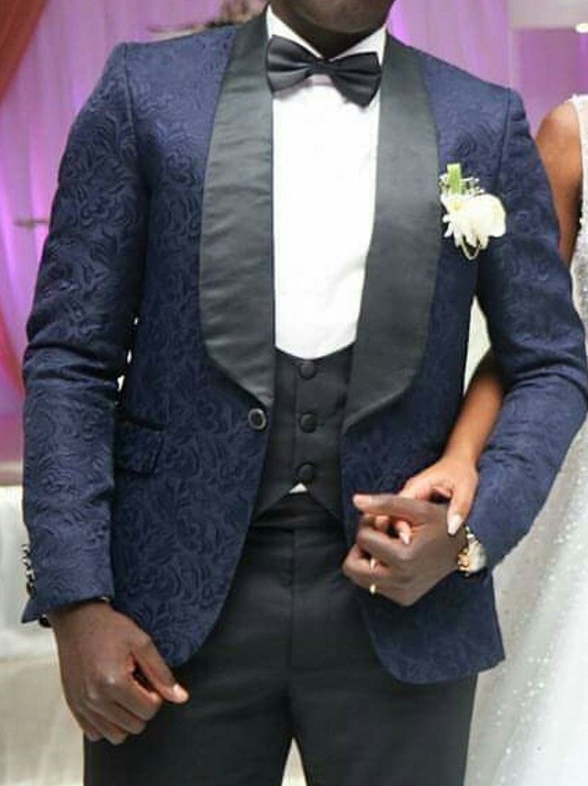 High Quality Three Piece Jacquard Navy Blue Tuxedo for Groomsmen main image 0
