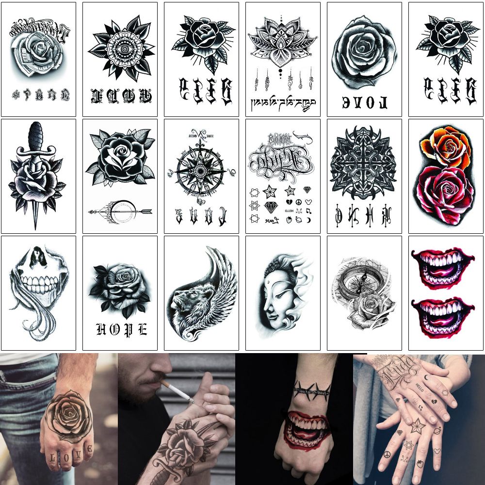 MHT Hand Tattoo Sticker Fake Black Henna Rose Flower Wolf Skull Joker for Woman MHT Hand Tattoo Sticker Fake Black Henna Rose Flower Wolf Skull Joker for Woman