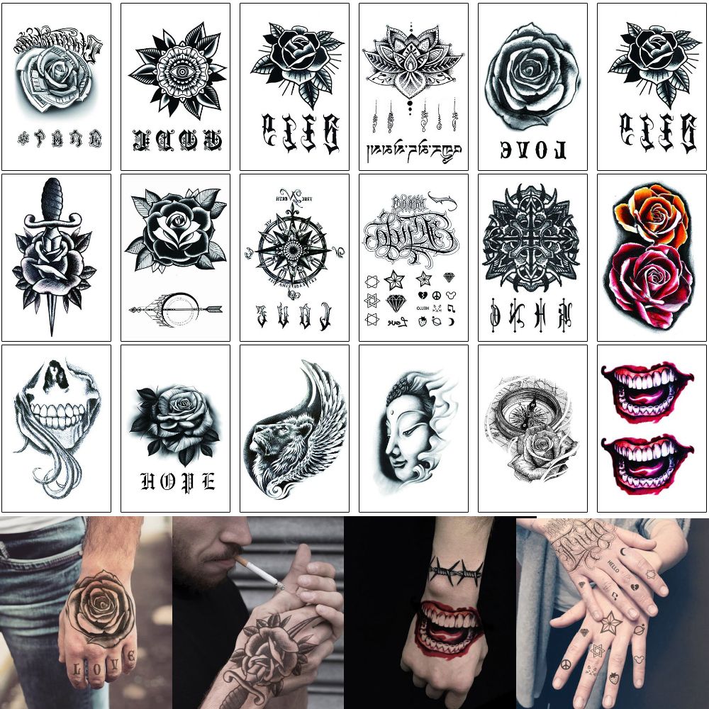 12x15.5cm MHT Hand Tattoo Sticker Fake Black Henna Rose Flower Wolf Skull  Joker for Woman