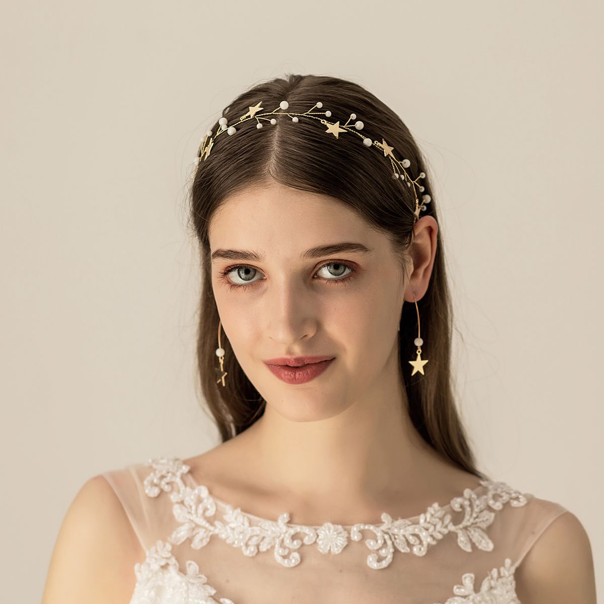 Diadema de oro estrellas brillantes decoraciones con cuentas nupcial boda Hairwear con pendientes novia accesorios