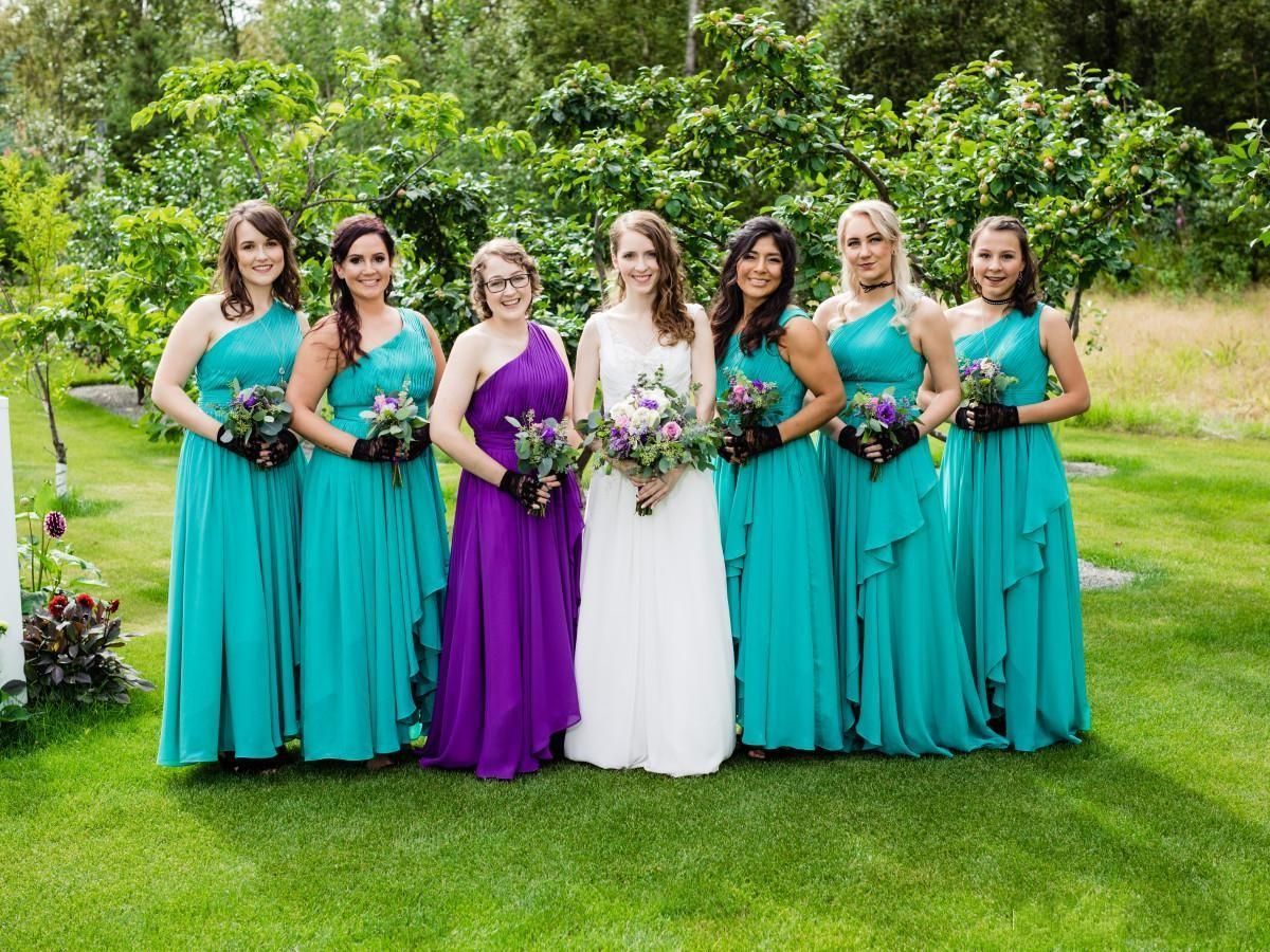 purple and turquoise wedding dress