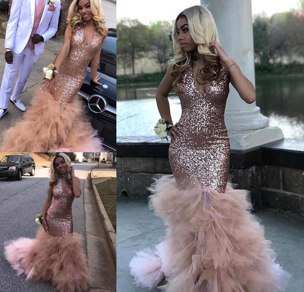 African Girls Sequined Prom Dress Rose Gold Formal Pageant Holidays