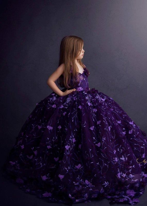 Compra Vestido De Niña De Flores De Color Morado Oscuro 3D Niñas Desfile De  Vestidos De Cuello En V De Encaje Apliques Balón Vestido De Flores Para La  Boda Por Encargo Mangas