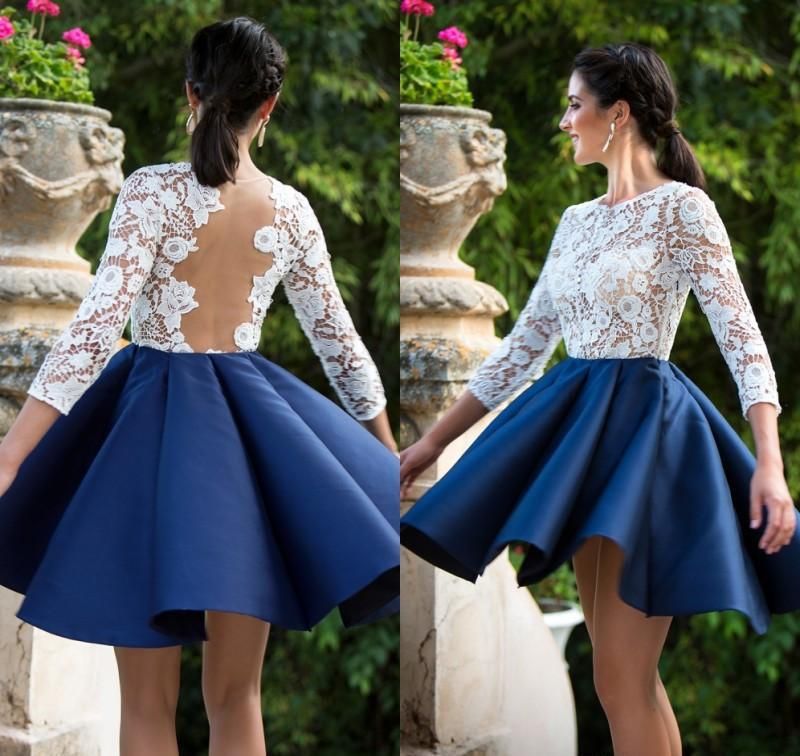 white top blue skirt