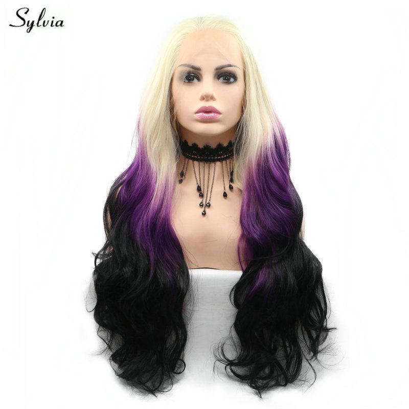 Natural Hairline White Blonde Ombre Purple Black Womens Cosplay