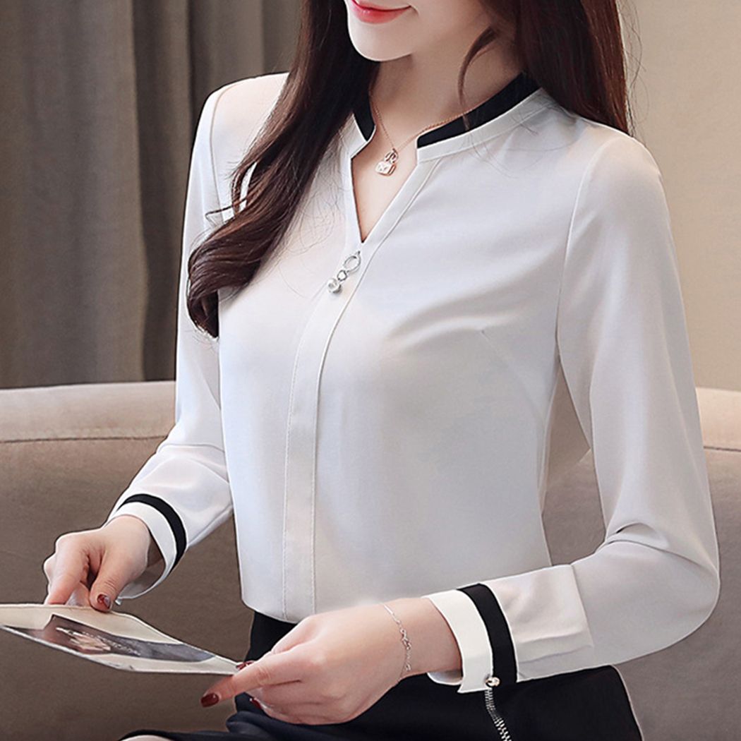 vestir Respiración Lo siento Oficina de verano de las mujeres Línea negra Camisa blusa blanca para mujer  de manga larga