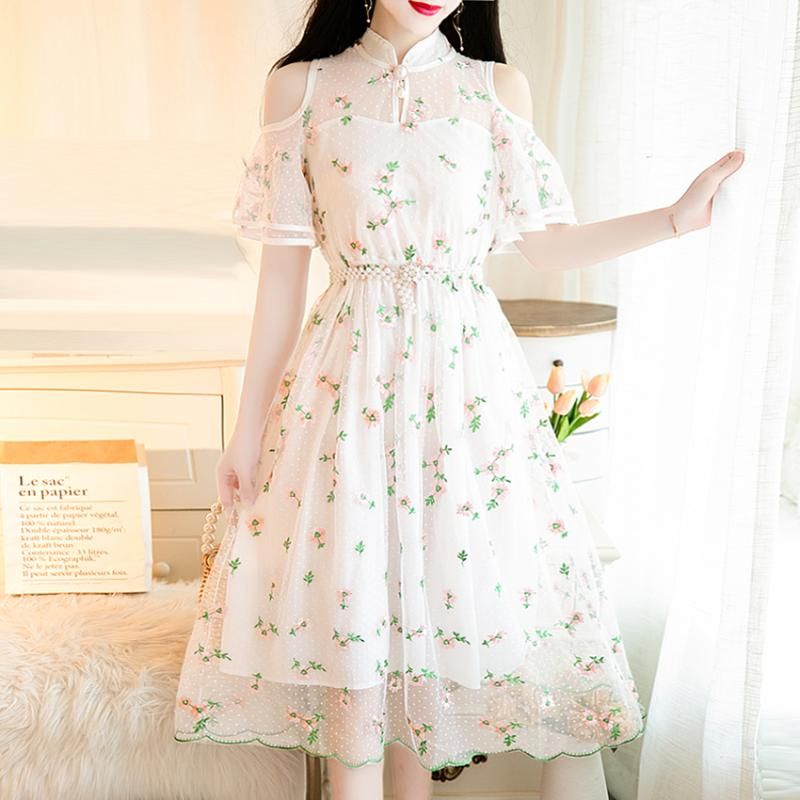 Compra Vestidos Casuales Mangas Con Volantes Elegante Estilo Coreano Vestido  De Encaje Fiesta De Playa 2021 Dulce Boho Fuera De Hombro Malla Aline  Bordado Barato | Entrega Rápida Y Calidad | DHgate