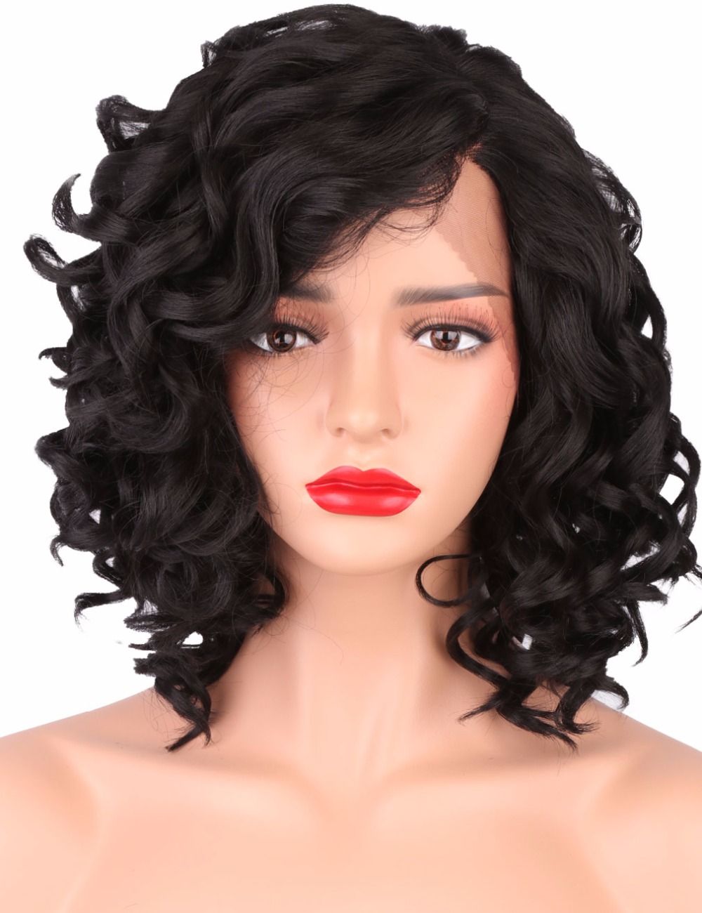 Synthetic Lace Front Wig Curly Bob Haircut Heat Resistant Side